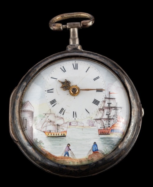 ltwilliammowett:A silver cased pocket watch with a maritime scene, London 1818 This pretty example w