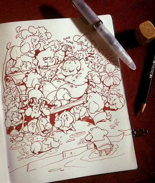 leafaske: It’s hoi time he woke up. … I’ll see myself out. So I’m not officially participating in inktober, let alone underinktobertale, but I got this new rust red ink + fountain pen and I saw that today’s theme was Temmie??? So I drew 50.