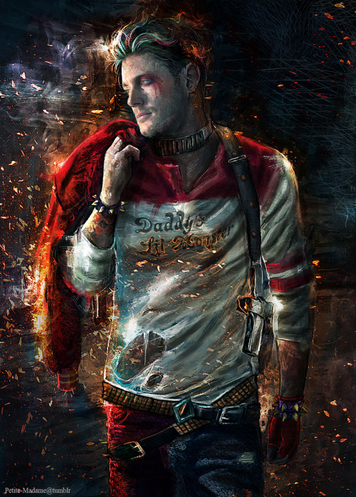 petite-madame:  Jensen as a male version of Harley Quinn. I started the art as a joke because I loved Margot Robbie’s “Daddy’s Little Monster” T-shirt in the Suicide Squad trailer, but it turned out better than expected so I finished the artwork