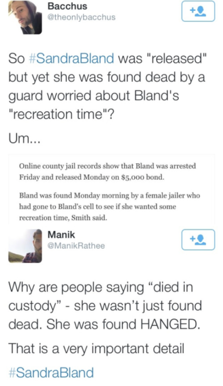 krxs10:  !!!!!!!! ATTENTION !!!!!!!!!Illinois Woman Who Drove To Texas For New Job Found Hanging/Dead In Jail Cell 3 Days LaterSandra Bland died in police custody this past Monday. Visiting Texas from Chicago to interview for a college job at her alma