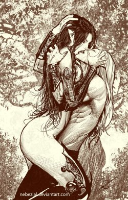 leepacejustawesome3:  elven-nicknacks:Some serious Elvish passion, by nebezialThe mind sees what it wants to see (and I see a incredible hot hot hot Thranduil)woooooooow thats mind-blowing! this drawing is just…….wow