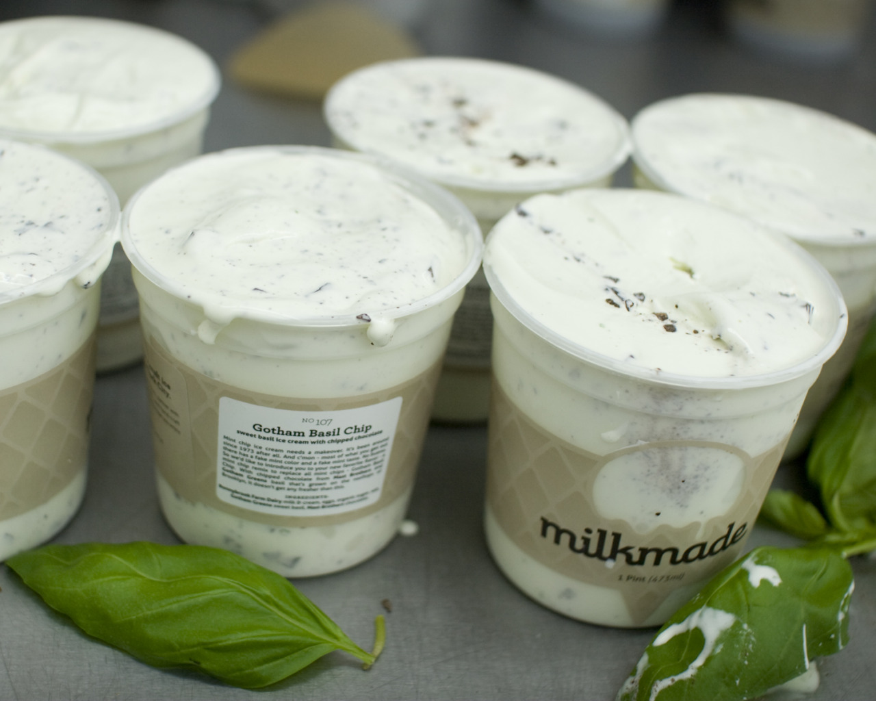 milkmadeicecream:  The making of flavor #107, Basil Chipfresh basil ice cream with