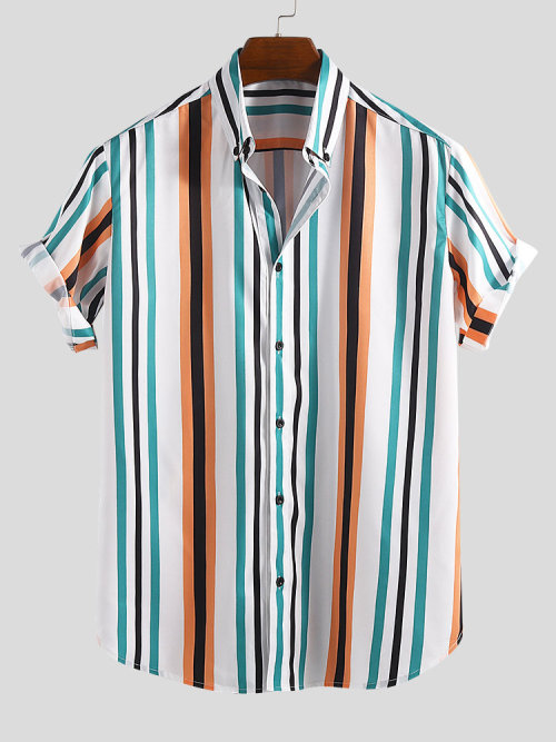 colorfultimetravelbeard: Cool Rainbow Striped Patch Pocket Casual Short Sleeve Shirts Check out HERE