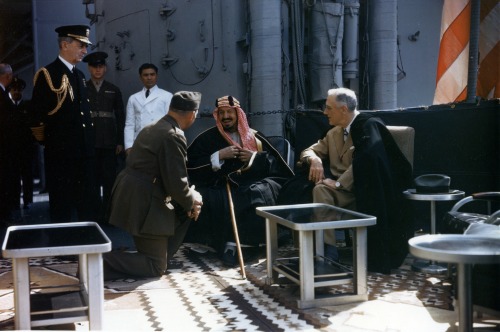 Franklin D. Roosevelt meets with King Ibn Saud of Saudi Arabia on board the U.S. Navy heavy cruiser USS Quincy (CA-71). Great Bitter Lake, Egypt. February 14, 1945 [3017x2001] Check this blog!