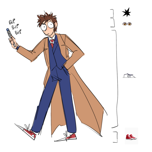 colored digital sketch of the tenth doctor, holding his sonic screwdriver and stepping forward with a comically wide-eyed expression. on the right is a list of his component parts: kiki (the spiky shape from the kiki vs bouba linguistic experiment), two eye emojis, the stickbug meme, and a pair of red converse high-tops