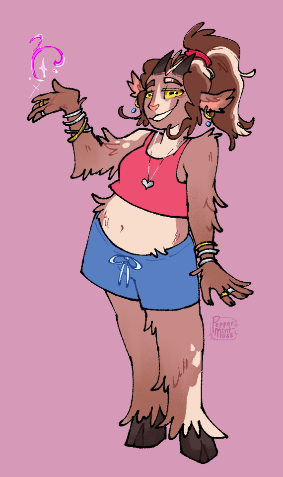 OC Dialogue Meme for my character Sotasalla Wren. She is a brown faun with white splotches. she has two short dark goat horns and her hair up in a high ponytail and pink scrunchie. On the left half of the image: Medium sized potrait of Sotasalla, smiling coyly: "\'sup? Sotasalla Wren (she/he), at your service, prettything~" To the left of this is a paragraph that describes Sotasalla\'s voice: "Loud/obnoxious, valley girl accent." Under the voice claims section text reads "N/A". Below this are 7 sliding scales with various voice/dialogue traits on each end, with a circle icon used to determine where Sotasalla falls on each slider. 1. Has never cursed - Swears constantly: The icon is all the way to the "swears constantly" end. 2. Stiff and formal - full of slang: the icon is nearly all the way to "full of slang". 3. Simple vocabulary - purple prose: the icon is near the middle, closer to "simple vocabulary". 4. Monotonous - practically singing: the icon is near the middle, slightly closer to "practically singing". 5. Talks around feelings - emotions on sleeve: the icon is in the middle. 6. Minimal body language - Gestures excitedly: the icon is all the way to "gestures excitedly". 7. More of a listener - dominates the convo: the icon is very close to "dominates the convo".  On the right half of the image are 4 prompts for the dialogue meme, paired with a small sketch of Sotasalla as he says her response: Prompt 1: In their own words, what are they proud of / what is their most passionate interest?  Sotasalla is leaning back, hand waving outstretched in front of her as she laughs uproariously: "oh, oh! and there was one time, i was chasing a faerie that had stolen, like, all of my stuff, and i was like \'get the fuck back here\'!! and they were flying doing a bunch of fuck off flashy fancy dives, and i did the stupidest, oldest trick in the book, i GASPED and said \'holy shit!\' and guess what, guess fucking what! They STOPPED and asked \'what?\' HAH! i was able to jump up and snatch my shit back! it was the funniest fucking thing, who falls for that trick! it was-"  Prompt 2: How would they respond to an insult that hit the mark? Sotasalla leans forward dangerously with a dark, challenging look on her face: "you wanna repeat that, motherfucker?"  Prompt 3: They\'ve been caught doing... something! Can they talk their way out of it? Sotasalla has her chin raised, looking down contemptuously: "what are you lookin\' at? you know- I don\'t think YOU\'RE supposed to be here. are you really sure you want to stick around with me?"  Prompt 4: Free space / dramatic monologue! Sotasalla is facing left, her arms crossed. A streak of blood is on her cheek: "... sorry. didn\'t mean to hurt you. just go, \'kay?"