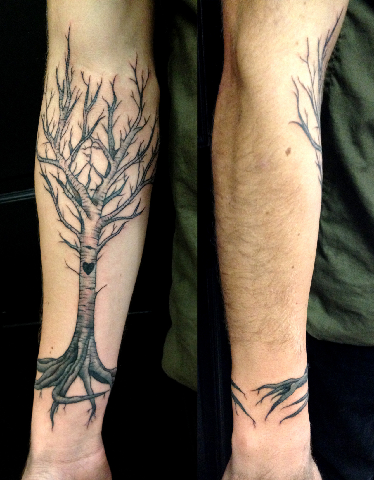fuckyeahtattoos:  Freehand black ‘n opaque grey tree- Peace, Love, and Anarchy!Tattoo