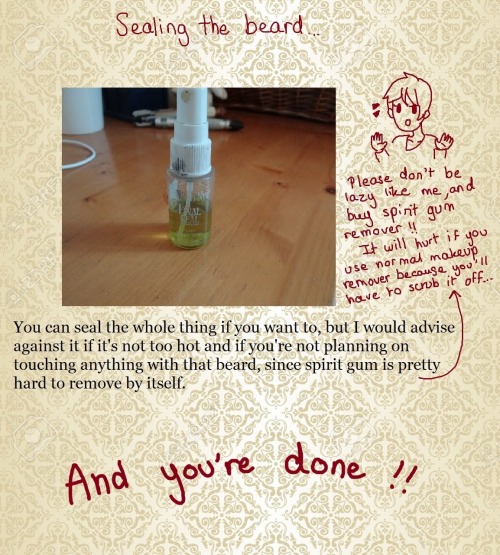 daisencosplay:  A lot of people asked me about my Godot beard, so here’s a full tutorial ! :DRemember to moisturize your face after removing your beard, spirit gum can be hard on sensitive skin~ 