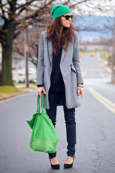 A brilliant beanie and a bright bag add casual color to this neutral look, worn by Bittersweet Colours, and featured in our blog’s Street Style section!