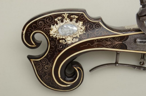 peashooter85:An ornate 6 shot wheel-lock revolving musket decorated with gold, silver, ivory, and bo