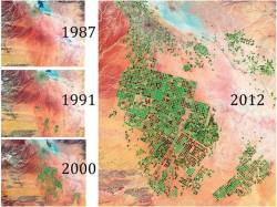 earthstory:  Searching for something more valuable than oil.  This photo collage shows the Wadi As-Sirhan Basin in Saudi Arabia.  Saudia Arabia is renowned for its abundance of oil, but, over the last three decades they have been drilling in search of