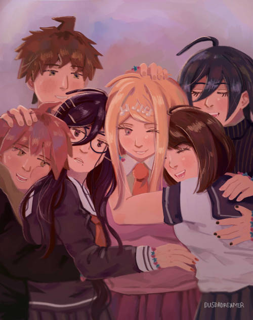 Illustration of the protagonists from the Danganronpa series all doing a group hug around Kaede Akamatsu wearing matching star and heart beaded friendship bracelets.
