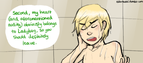 edorazzi:  all i could think of with adrien taking constant showers during akuma attacks was that adventure time scene from Flute Spell if he had been in the bathroom when volpina abducted him, marinette knows he would have stayed true to his budding