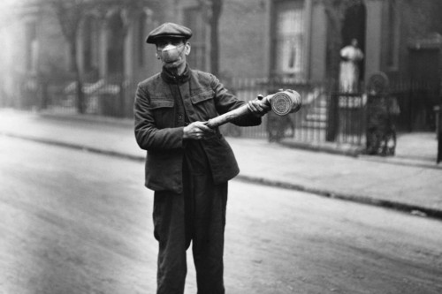 A public health worker carries a spray pump for uses on buses (England [?], March 1920).  In the sec