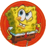 red sticker of spongebob making a thinking pose with a grin.