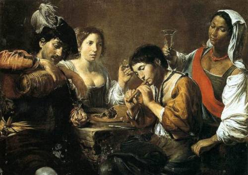 Musicians and Drinkers (c.1625). Valentin de Boulogne (French, 1591-1632). Oil on canvas. Mus&e