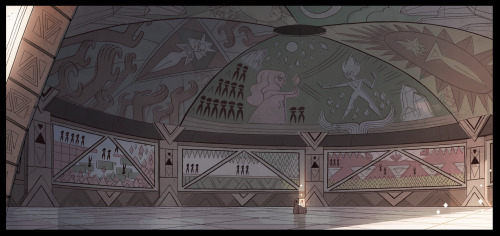 Background Painter Amanda Winterstein says:  hey guys! Steven Universe is back for the new year! Here are some paints I did for this weeks episode, Serious Steven. The continuously awesome Sam Bosma did the temple and strawberry fields layouts and Emily