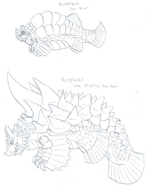 tyrantisterror:Sea Boars Monstrous fish that swim the wide open oceans surrounding Midgaheim, sea bo