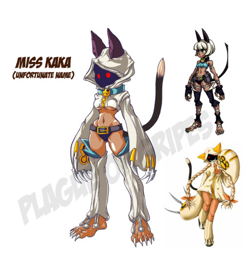 “Miss Kaka.” A combination of Miss Fortune from Skullgirls and Taokaka from Blazblue. Oh, sweetie, your poor name. This one was fairly straight-forward. Taokaka has the same “mask” problem that Shovel Knight had, which can result