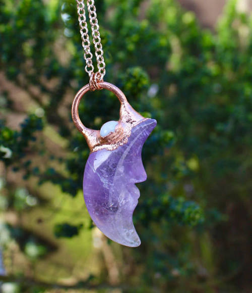 Amethyst &amp; Opal Carved Crescent Moon Crystal Necklace.Available here