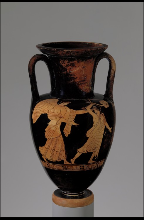 Red-figure neck-amphora with Eos pursuing Tithonos Attributed to the Achilles PainterAttic Gree