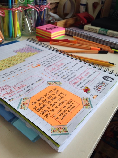 alostmoon:  25.7.15 // 4:03PM  Bonding revision notes done and C1.1 finished (woohoo!). I’m particularly loving  the post it in the corner. I need to get some more appropriate washi tape which fits my themes 