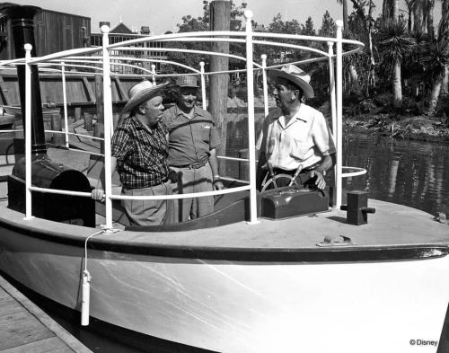 Disney Legend Harper Goff, on left, and mechanical engineer Sam Hamel discuss the Jungle Cruise with