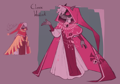 A drawing of the Lamb from the video game Cult Of The Lamb. They are wearing a red cloack over a white and darker red dress, as well as golden jewelry around their neck and waist, a golden bell, and golden laurel leaves. Their hood is long and ends with a bell and tassels. Next to them is a rougher drawing of the design, with golden wings on the cloack. There is written "Cleric, Warlock".