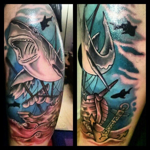 fuckyeahtattoos:  My great white, done by Peter Faenrich, Savannah Ga. xfoxyfoxyx.tumblr.com
