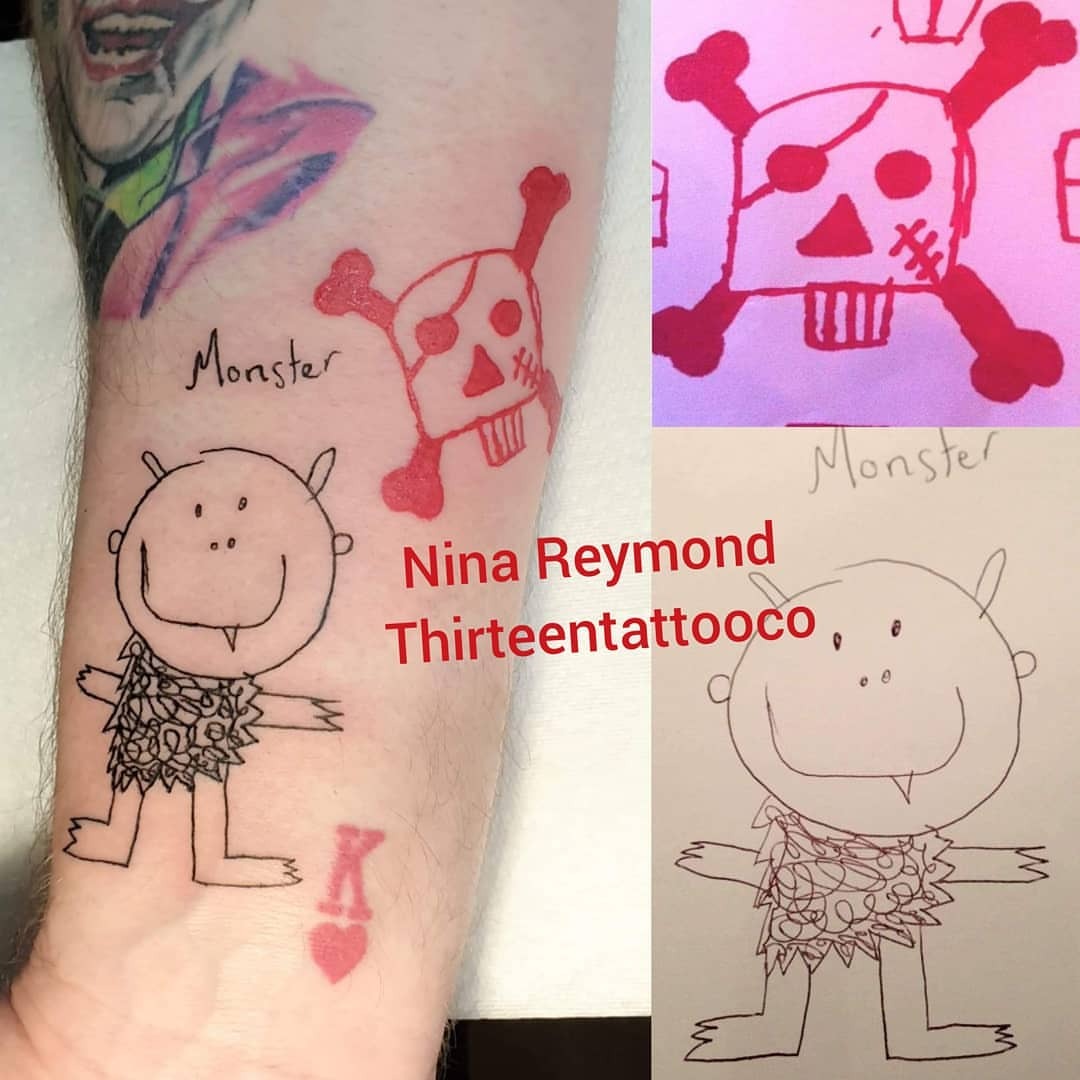 Thirteen Tattoo — When you get your kids drawings tattooed on...