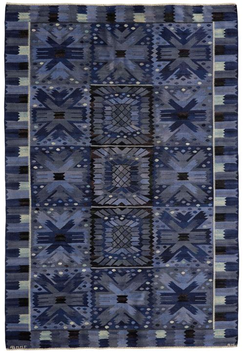 scandinaviancollectors: BARBRO NILSSON, Blå Nejlika (Blue Carnations), flatweave carpet, 1950,