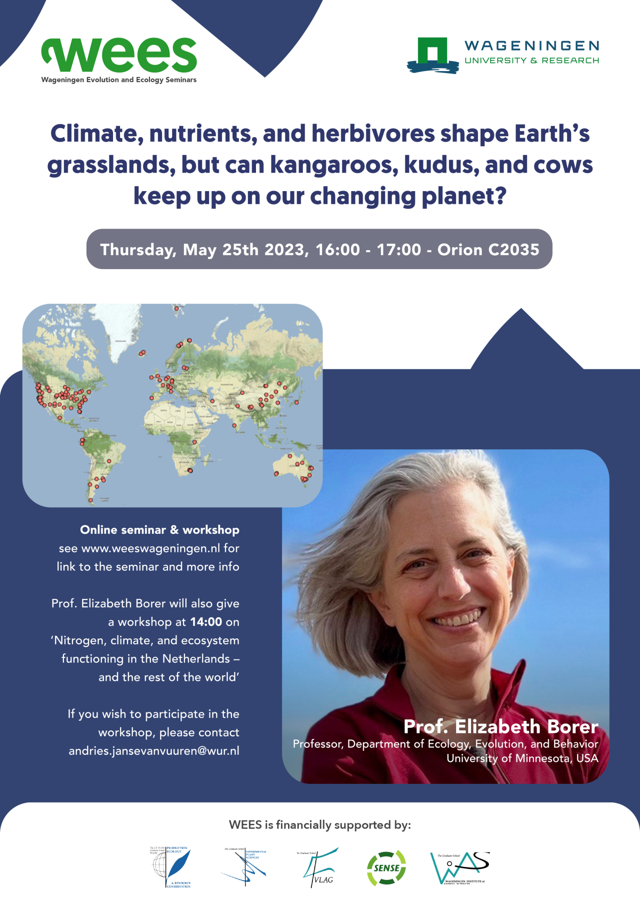 Seminar: Climate, nutrients, and herbivores shape Earth’s grasslands, but can kangaroos, kudus, and cows keep up on our changing planet? (16.00h in Orion, C2035)
Prof. Elizabeth Borer
Professor of Ecology, Evolution and Behaviour
University of...