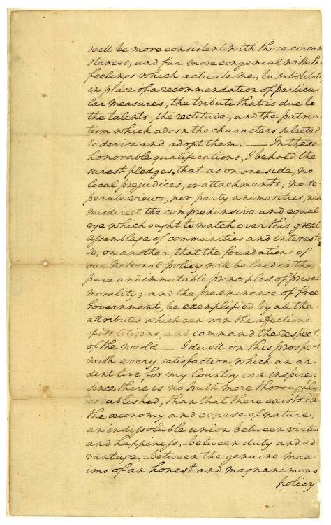 usnatarchives:
“  In honor of the 2013 Inauguration, the first and last page of Washington’s first Inaugural Address are on display at the National Archives until January 31.
Unseasonably cold and snowy weather delayed the first Presidential...