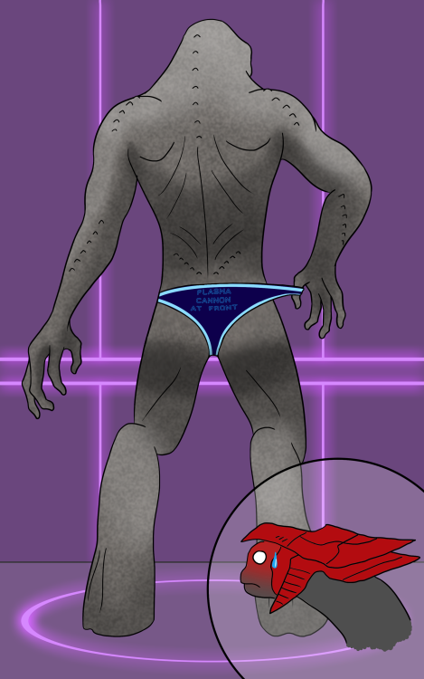 Needless to say N'tho ‘Sraom found Thel outside naked and trapped, thankfully with no one else seeing him. Understanding his plight of not having proper Sangheili underwear, he brought the former Arbiter to a changing room to tryout some briefs