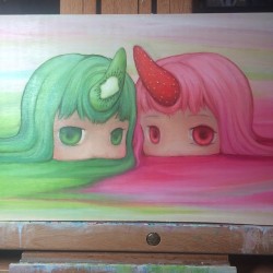 camilladerrico:  Having fun painting today. Happy Sunday everyone! 😘 #camilladerrico #strawberry #kiwi #pink #green #rainbows #narwal #popsurrealism #popmanga