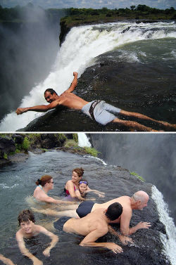 sixpenceee:  Devil’s PoolAt the top of 360 feet tall Victoria Falls there is a natural rock pool,  called Devil’s Pool, where the water is relatively calm. From September  to December, when the water level is low, you can swim in Devil’s Pool. 