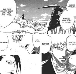 douceancora:  Bleach favorite things: the Byakuya-Rukia-Ichigo relationship Kubo keeps on developping.  I like how for Byakuya Rukia starts as Hisana’s sister while Ichigo starts as the human boy/brat who looks like Kaien. I love how Ichigo makes him