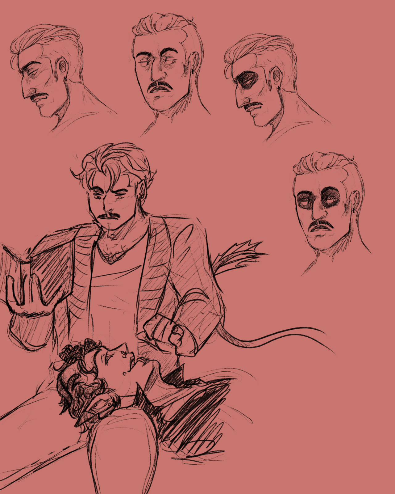 A sketchpage of several headshots of Secondo (Ghost BC), and a doodle of Zephyr laying his head back in Secondo's lap, bothering him while he's trying to read.