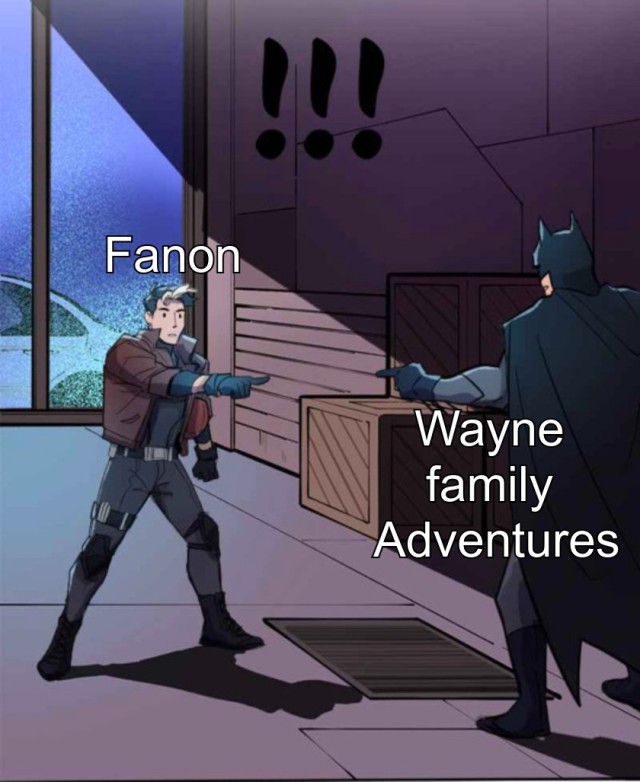 Painel de Wayne Family Adventures replicando o meme Spider-Man Pointing editado para dizer 