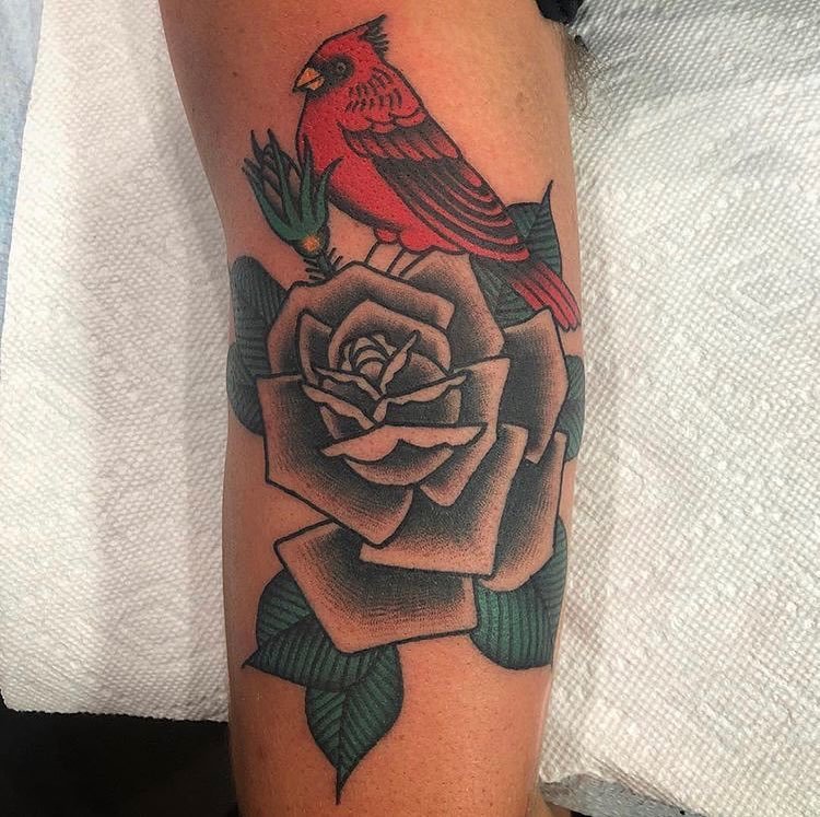 Tattoo uploaded by Greg  Cardinal on a skull with a rose My first  colored tattoo VA forearm redink shading whiteink  Tattoodo