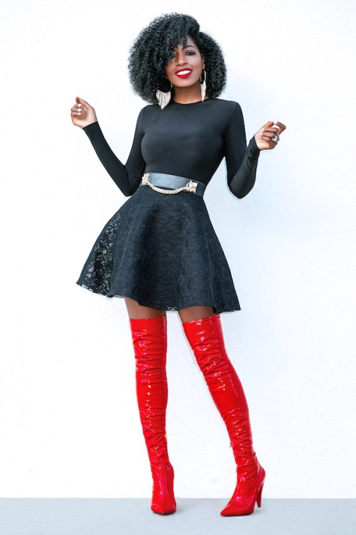 Fashion blogger Folake Kuye Huntoon of stylepantry in Stella Luna over the knee boots. Source: 