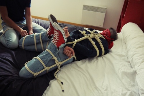 bondageconverse:bandana-bound:copyright by bandanaboundWOW! What’s better than one hog tied boy in j