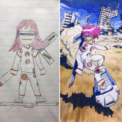 sindri42:  doctor-seamonster:  pr1nceshawn:   Turning Your Kid’s Drawings Into Badass Characters by Thomas Romain.   I really want to fight that three headed skeleton demon thing.  I want to watch an entire anime about that cool hoverboard girl at the