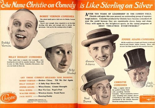 Advertisement promoting films with Bobby Vernon, Billy Dooley, Jimmie Adams, Neal Burns, and Jack Du