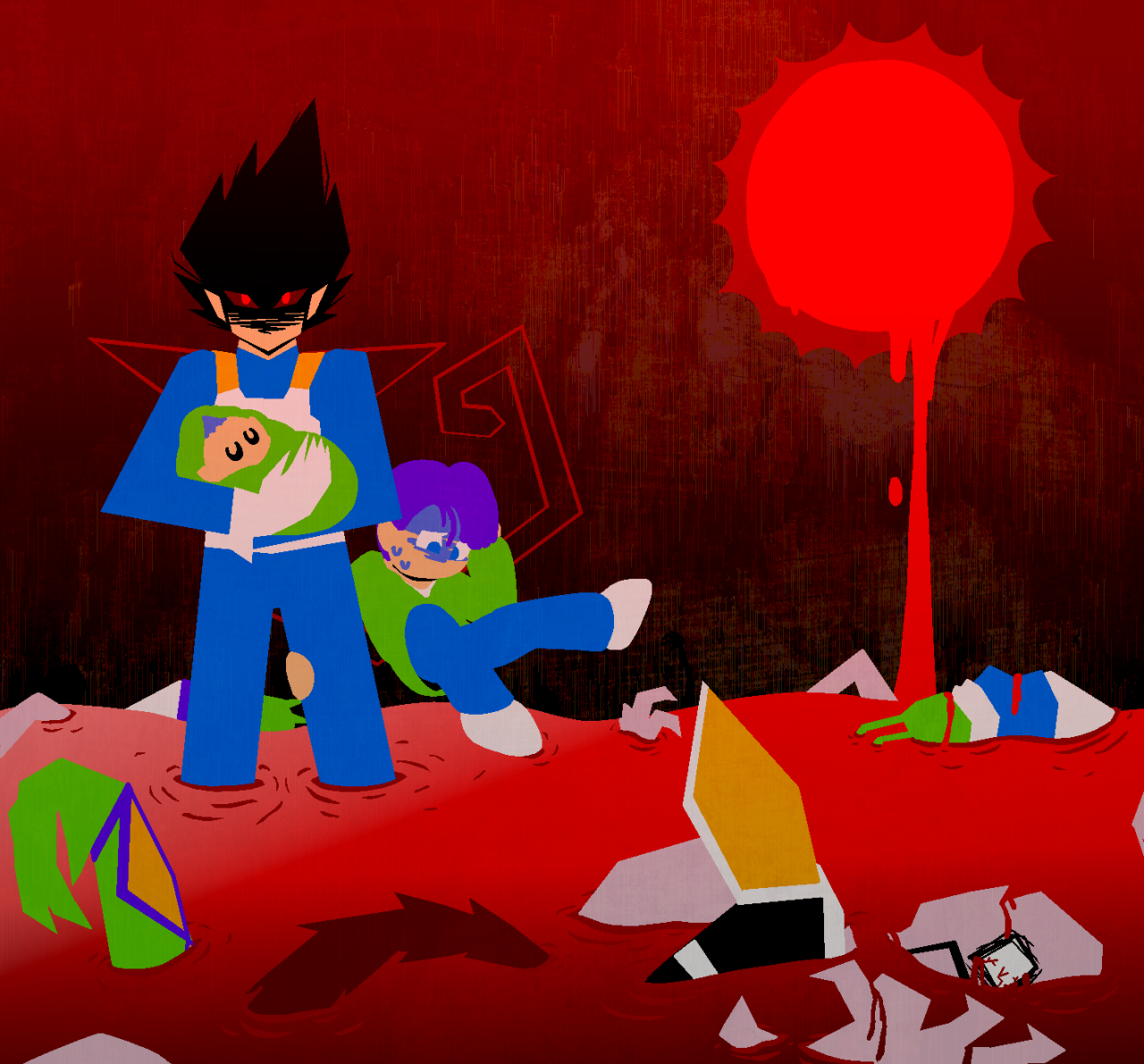 vegeta standing in a sea of blood, his face shadowed to only show red eyes glaring at the viewer. in his arms he is holding bulla who is sleeping peacefully, and clinging to his leg is kid trunks, who is staring down at the sea of blood with a frightened expression and hovering above it as to not fall in. behind them, a red sun appears to bleed into the ocean, which is filled with various corpses (including a couple namekians, one of which being a child, and, in the foreground, there is the corpse of nappa.) behind vegeta, jagged red lines imply the shape of his long-gone tail and the shoulder pads of his old armor.