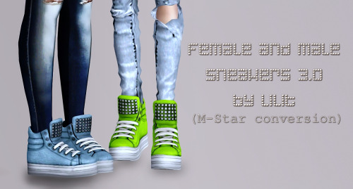 FEMALE and MALE Sneakers 3.0 by Lilit
- A/AY male and female
- sims3pack, package
- 4 recolor chennels
DOWNLOAD