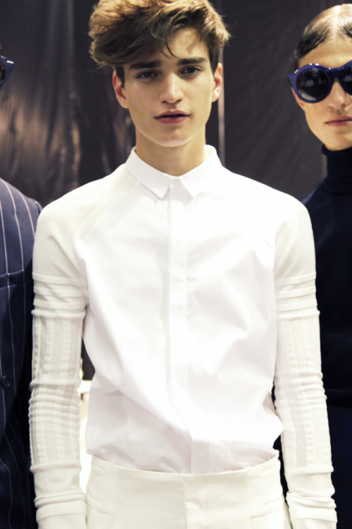 strangeforeignbeauty:  Alexander Ferrario | Backstage at Juun.J Spring/Summer 2015 Menswear  | Photographed by Giulietta Raimondi