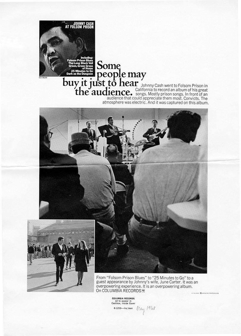 jeffthehardway:Advertisement for Johnny Cash’s album At Folsom Prison from 1968