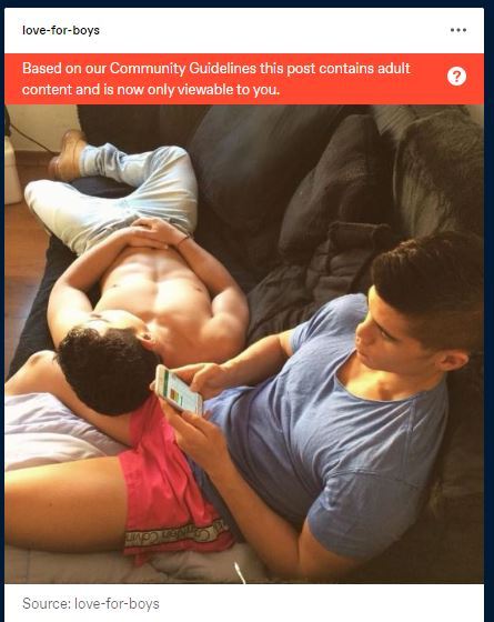 love-for-boys:How can this photo have “adult content”????Tumblr is increasingly making it clear that the “Community Guidelines”, are based on the truth of conservatism, prejudice, homophobia, sexism and so on… How can this image have anything