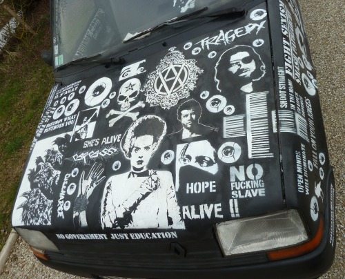 curious-dee:  pop-punk-prince:  glamourpuke:  jtheantiproduct:  My car  omfg crust car !!  oh god someone made a car into a punk vest you’re in too deep friend  wow 